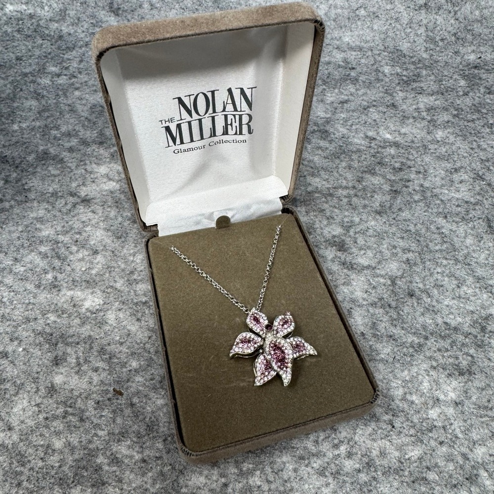 Vintage Nolan Miller Large Lily Flower Rhinestone Necklace Silvertone Purple